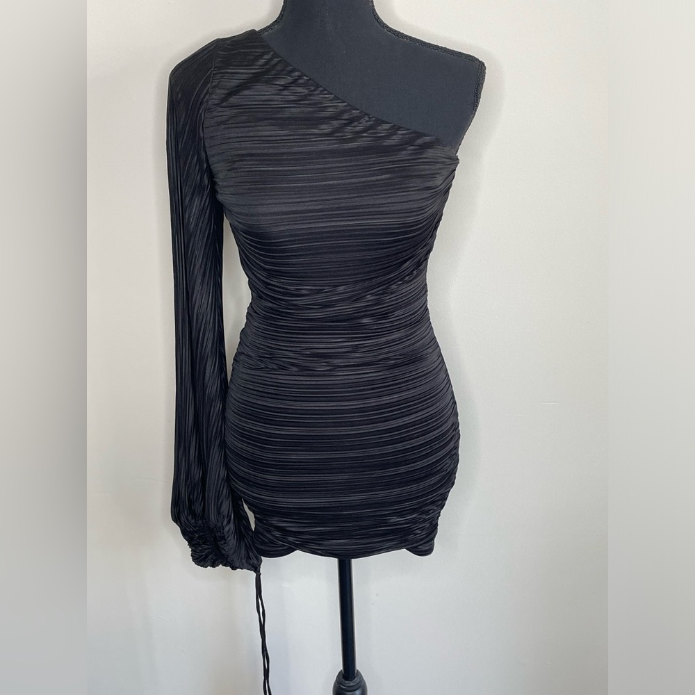 Lucy In The Sky Ivy Mini Dress Sz S Black Bodycon One Sleeve Puff Ruched Club